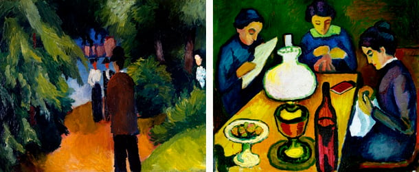 Left: Park with pond, 1913, by August Macke,  Sprengel Museum Hannover / De Agostini Picture Library / M. Carrieri Right: Three Women at the Table by the Lamp, 1912 (oil on canvas), August Macke