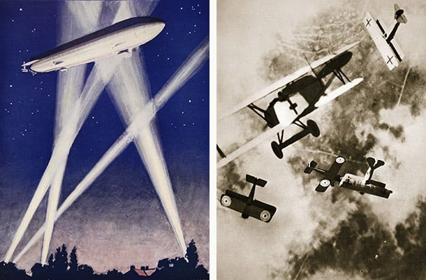 Left: Zeppelin Raider, 1915/16, English School / Private Collection / The Stapleton Collection Right: Dogfight, English Photographer / Private Collection / The Stapleton Collection