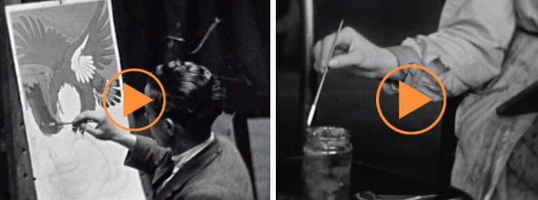 Left: Male art student painting a poster, 1929 Right: Scenes From Manchester School Of Art, 1929