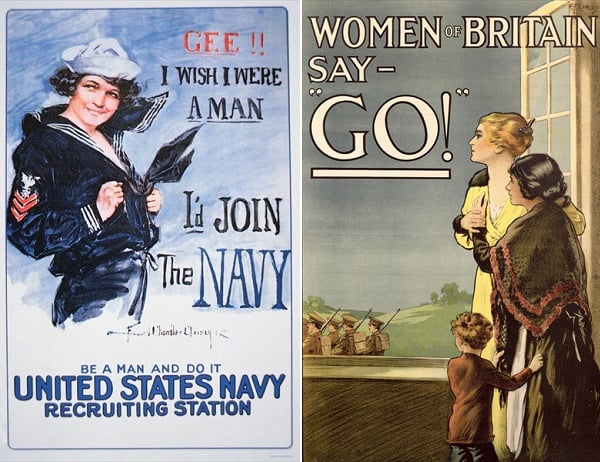 Left: 'Gee!! I Wish I Were a Man, I'd Join the Navy', United States Navy Recruiting Station poster (litho), Christy, Howard Chandler (1873-1952) / Private Collection / Peter Newark Military Pictures Right: "Women of Britain Say - Go!", recruitment poster, 1915 (litho), Kealey, E.P. (20th century) / Private Collection / Photo © Bonhams, London, UK