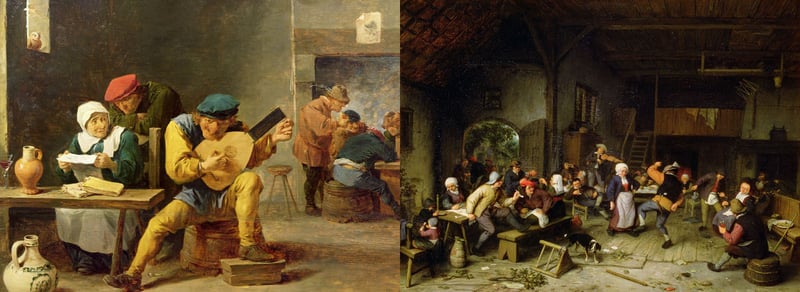  Peasants Making Music in an Inn, c.1635 (oil on oak), David Teniers the Younger (1610-90) / National Gallery, London, UK; Peasants Dancing in a Tavern, 1675 (oil on panel), Adrian Jansz van Ostade (1610-85) / Harold Samuel Collection, City of London