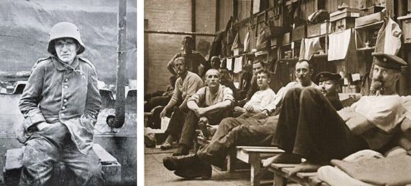 Left: German POW captured at the First Battle of the Somme, November 1916 (b/w photo), British Photographer, (20th century) / Private Collection / Peter Newark Military Pictures Right: In Quarters, Handforth, illustration from 'German Prisoners in Great Britain' (photogravure), English Photographer, (20th century) / Private Collection / The Stapleton Collection