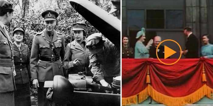 Left: Princess Elizabeth (future queen Elizabeth II) is training mechanics as ATS (Auxiliary Territorial Service), here with father king George VI, 1945 / Photo © Tallandier Right: Churchill at Buckingham Palace with the Royal Family, VE Day, 8th May 1945
