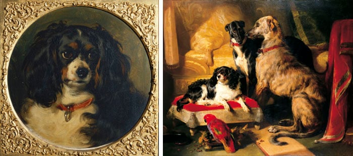 Left: Dash, 1836 Edwin Landseer, Royal Collection Trust © Her Majesty Queen Elizabeth II, 2017 Right: Hector, Nero and Dash with the parrot, Lory, 1838 by Edwin Landseer, Royal Collection Trust © Her Majesty Queen Elizabeth II, 2017