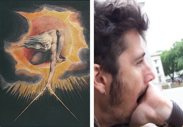 Left: The Ancient of Days (etching with pen and ink, w/c & bodycolour on paper) by William Blake Right: Raffaello Bertini