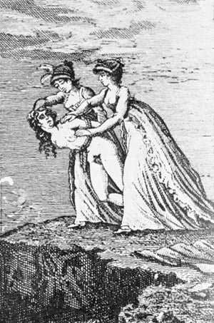 Woman tied up for an Orgy, about to be tossed into the Crater of Mount Vesuvius, illustration for the first edition of 'Histoire de Juliette' by the Marquis de Sade (1740-1814), c.1797 (engraving)