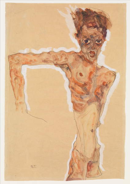 Self-Portrait, 1911 (w/c, gouache, and graphite on paper), Schiele, Egon (1890-1918) / Metropolitan Museum of Art, New York, USA / Bridgeman Images – A grotesque and twisted image of self, with no exaggeration of masculinity often found in male nudes.