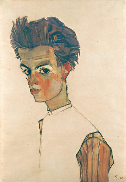 Self-Portrait with Striped Shirt, 1910 (graphite & w/c on paper), Egon Schiele, (1890-1918) / Leopold Museum, Vienna, Austria / Bridgeman Images