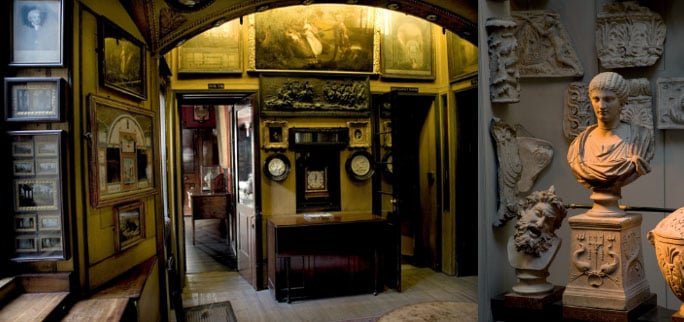 Left: The south wall of the Breakfast Room, showing Napoleonic memorabilia, Sir John Soane's Museum, London Right: A Roman bust of an elaborately coiffed woman, Sir John Soane's Museum, London