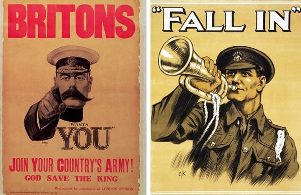 Left: Britons: Join Your Country's Army! by Alfred Leete First World War recruitment poster with a portrait of Field Marshall Earl Kitchener (1850-1916) (Lithograph and letterpress on paper) (see also 65836) / Imperial War Museum, London, UK Right: Fall In, 1915 (colour litho), English School, (20th century) / Private Collection / © Galerie Bilderwelt