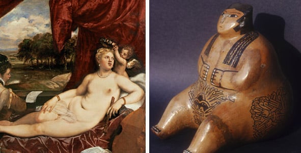 left:   Venus and Cupid with a Lute Player/ Titian (Tiziano Vecellio) Right:   Statuette of a woman, c.550-700 AD