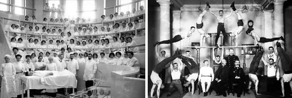 Left: Students of the Women's Medical Institute in the theatre during a lecture, 1913 Right: Gymnastic students in a pyramid display, St. Petersburg