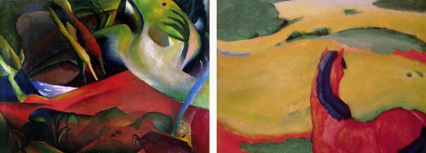 Left: The Storm, 1911 (oil on canvas) by August Macke Right: Horse in a landscape, 1910 by Franz Marc