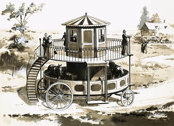 LAL304501 The Treadmill Bus, invented in 1824 by William Francis Snowdon by English School, (20th century); Private Collection; (add.info.: Odd Inventions. Treadmill Bus. Invented in 1824 by William Francis Snowdon, the treadmill bus was powered by horses on the lower deck. Original artwork from Look and Learn Book 1982.); © Look and Learn; English, out of copyright