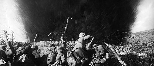 German infantrymen in a trench on the Western Front during WWI, France, 1914-16 (b/w photo)