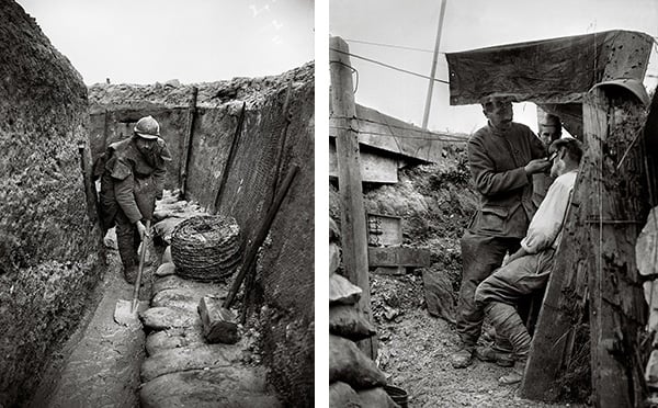 Left: Soldier cleaning a trench in the Champagne region, 1915-16 (b/w photo), Jacques Moreau (b.1887) / Archives Larousse, Paris, France Right: A barber in a trench, c.1916 (b/w photo), Jacques Moreau (b.1887) / Archives Larousse, Paris, France