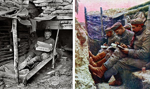 Left: Soldier reading 'Notre Belgique' in his trench, 1917 (b/w photo), Jacques Moreau (b.1887) / Archives Larousse, Paris, France Right: Four German soldiers from the 7th Regiment ("King George" No. 106) of the 58th Infantry Division sit and write in a trench on the Western Front, 1915 (colour litho), German School, (20th century) / Private Collection / © Galerie Bilderwelt