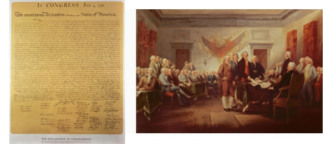 Left: Declaration of Independence of the 13 United States of America of 1776, 1823 (copper engraving) by American School / Private Collection Right: Signing the Declaration of Independence, 4th July 1776, c.1817, John Trumbull (1756-1843); US Capitol Collection, Washington D.C., USA