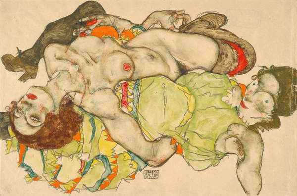 Female Lovers, 1915 (gouache and pencil), Schiele, Egon (1890-1918) / Graphische Sammlung Albertina, Vienna, Austria / Bridgeman Images – Doll-like faces, striking unlife-like colour combinations, and inhuman twisted bodies archetypal of Schiele’s later work