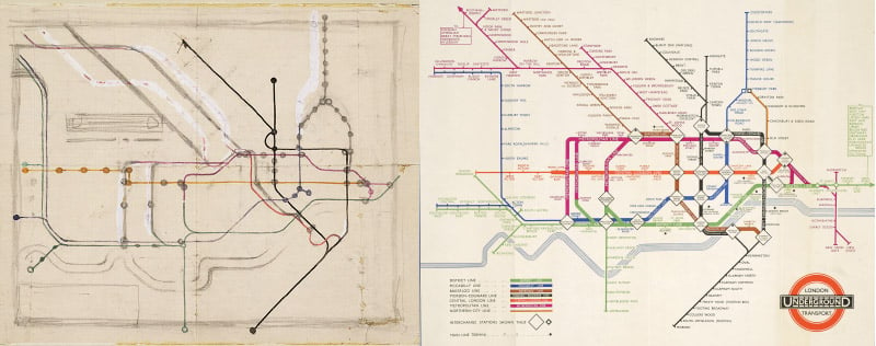 Left: Sketch for the original map of the London Underground, 1933 by Harry Beck, Victoria & Albert Museum, London, UK; The Stapleton Collection Right: London Underground Map, 1936, Harry Beck/ Private Collection / Photo © Christie's Images