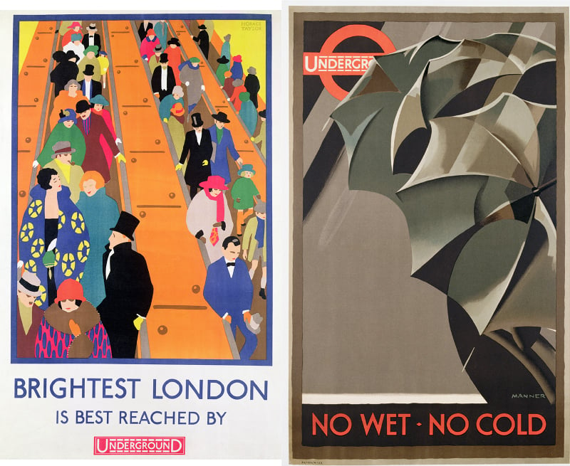 Left: Brightest London is Best Reached by Underground, 1924, Victoria & Albert Museum, London Right: Advertisement for the London Underground, 1929, Manner / Private Collection / DaTo Images