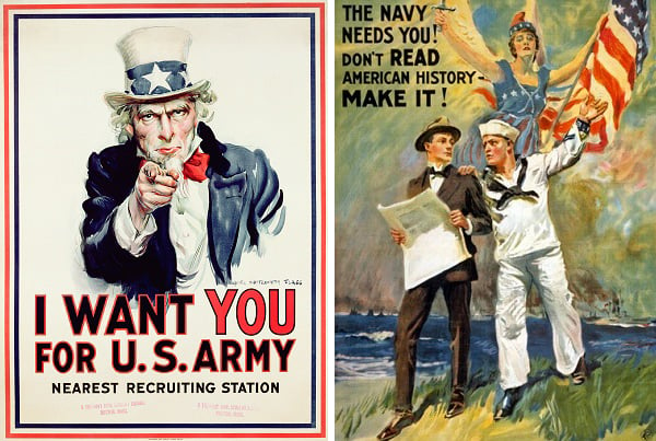 Left: 'I Want You for U.S. Army', American World War One recruitment poster (colour litho), Flagg, James Montgomery (1877-1960) / Private Collection / DaTo Images Right: The Navy Needs You!, 1917 (colour litho), Flagg, James Montgomery (1877-1960) / Private Collection / © Galerie Bilderwelt