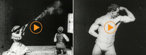 Left: Annie Oakley shooting targets, 1894  Right: Woman & man display their physiques, 1900s 