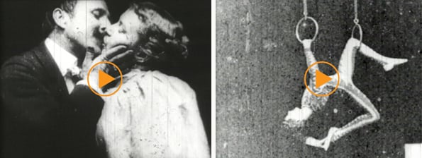 Left: May Irwin and John Rice kiss, 1896  Right: Luis Martinetti on hanging rings, 1894 