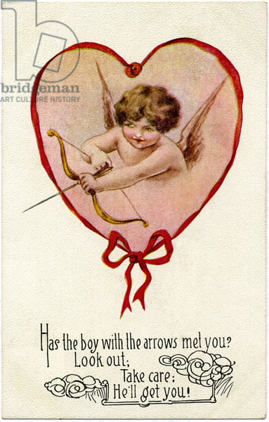  Cupid with Bow & Arrow in Heart Frame, Valentine Postcard, c.1912