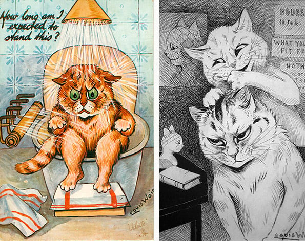 Left:  Taking the Waters as Seen by Louis Wain, c.1930 (colour litho) by Louis Wain (1860-1939) Right: Phrenology, c.1911 (ink on paper) by Louis Wain (1860-1939) 