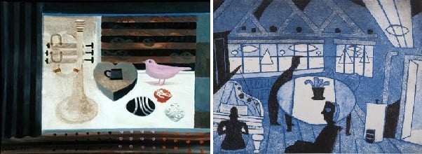 Left: The Pink Bird, 1996 (oil on canvas), by Mary Fedden, (1915-2012), © Royal West of England Academy Right: Water Music, 1984 (etching & aquatint), by Julian Trevelyan (1910-88), Bohun Gallery