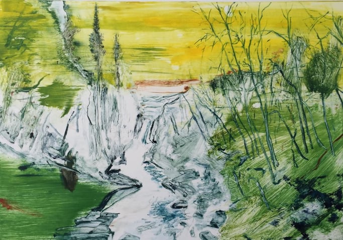 Waterfall at Dusk, Yellow, 2016, (monotype), Calum McClure / Private Collection
