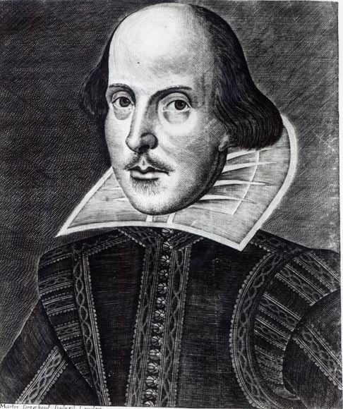 Portrait of William Shakespeare, engraved by Martin Droeshout, 1623 (engraving) (b/w photo), English School, (17th century) / Private Collection