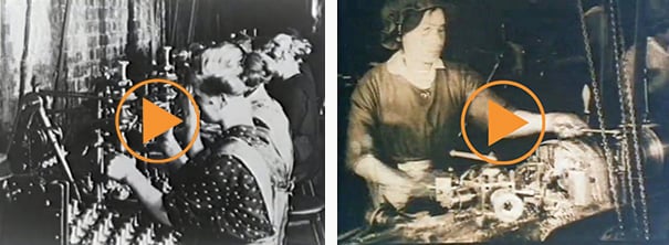 Left: Women in the factories of Germany during World War I / Right: Female factory workers of the Great War / Buff Film & Video Library