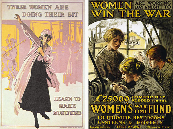 Left: Poster depicting women making munitions, English School / Private Collection / Peter Newark Military Pictures Right: Women are working day & night to win the War, English School / Private Collection / The Stapleton Collection