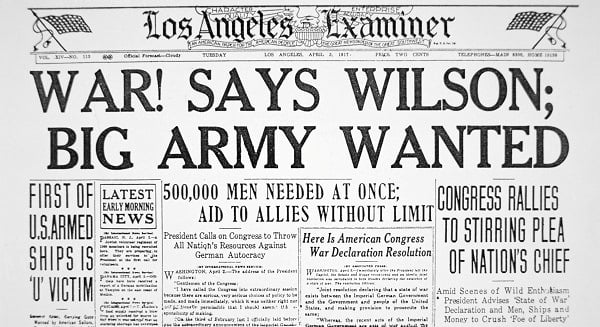 'War! says Wilson; Big Army Wanted', front page of the 'Los Angeles Examiner', 3rd April 1917 (print), American School, (20th century) / Private Collection / Peter Newark American Pictures