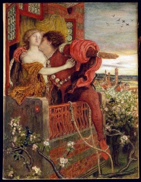 CH378518 Romeo and Juliet, 1868-71 (w/c & bodycolour with gum arabic) by Brown, Ford Madox (1821-93); 32.1x24.5 cm; Private Collection; (add.info.: scene from play by William Shakespeare (1564-1616); modeals are Brown's wife Emma and Charles Augustus Howell;); Photo © Christie's Images; English, out of copyright