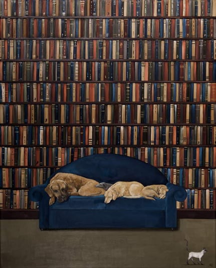 image painting of a library with a sofa on which 4 dogs are sleeping and a cat is passing by Let Sleeping Dogs Lie, Ca 6125011