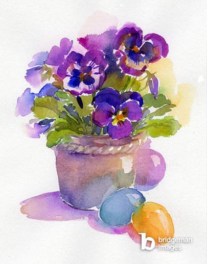 Pansies with Easter eggs, 2014 (watercolor),   Private Collection  © John Keeling. All Rights Reserved 2022 / Bridgeman Images