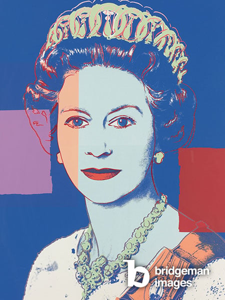 Queen Elizabeth II, from 'Reigning Queens (Royal Edition)', 1985 (screenprint & diamond dust), Andy Warhol, (1928-87) / Private Collection / © 2023 The Andy Warhol Foundation for the Visual Arts, Inc. / Licensed by DACS, London / Photo © Christie's Images / Bridgeman Images