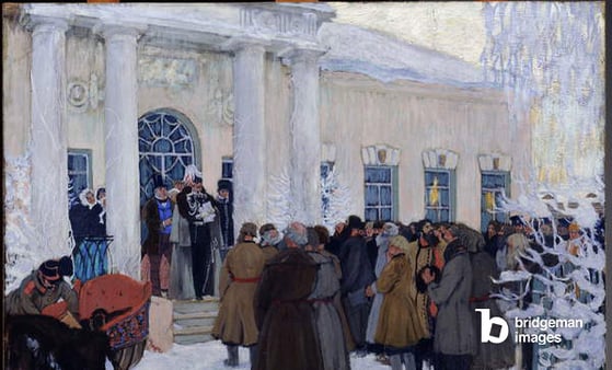 The Emancipation of Russian Serfs in 1861, 1908-09 (oil on canvas) / Boris Mikhailovich Kustodiev (1878-1927) / Bridgeman Images