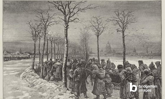 Famine-Stricken Villagers who have left their Homes on the Way to St Petersburg / after Johann Nepomuk Schonberg (1780-1863) / Look and Learn / Illustrated Papers Collection / Bridgeman Images