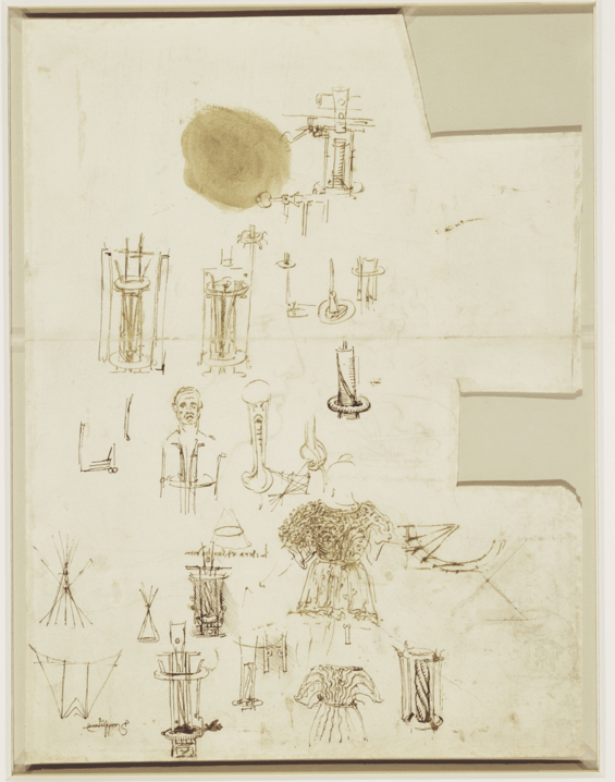 Studies of a water-clock, decorative costume etc., c.1506-10 (pen & ink, black chalk and stylus on paper), Leonardo da Vinci (1452-1519) / © Royal Collection / Royal Collection Trust © Her Majesty Queen Elizabeth II, 2021 / Bridgeman Images