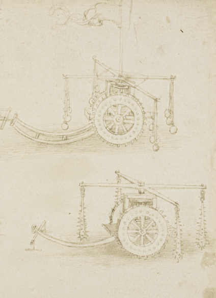 Designs of chariots and weapons, c.1485 (stylus, pen & ink and wash on paper), Leonardo da Vinci (1452-1519) / © Royal Collection / Royal Collection Trust © Her Majesty Queen Elizabeth II, 2021 / Bridgeman Images