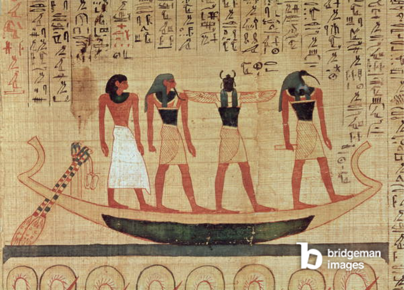 Papyrus depicting a man being transported on a barque to the afterlife by Thoth, Khepri and another god, Mythological papyrus of Imenemsaouf, Third Intermediate Period, c.1000 BC (painted papyrus) (detail), Egyptian 21st Dynasty (c.1069-945 BC) / Louvre, Paris, France / Bridgeman Images