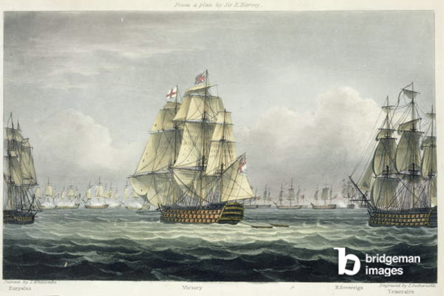 HMS Victory sailing for the French line flanked by the Euryalus and HMS Temeraire at the Battle of Trafalgar, October 21st, 1805, engraved by T. Sutherland for 'The Naval Chronology of Great Britain' by J. Ralfe, published 1820 (coloured engraving), Thomas Whitcombe, (c.1752-1824) (after) / Private Collection / The Stapleton Collection / Bridgeman Images