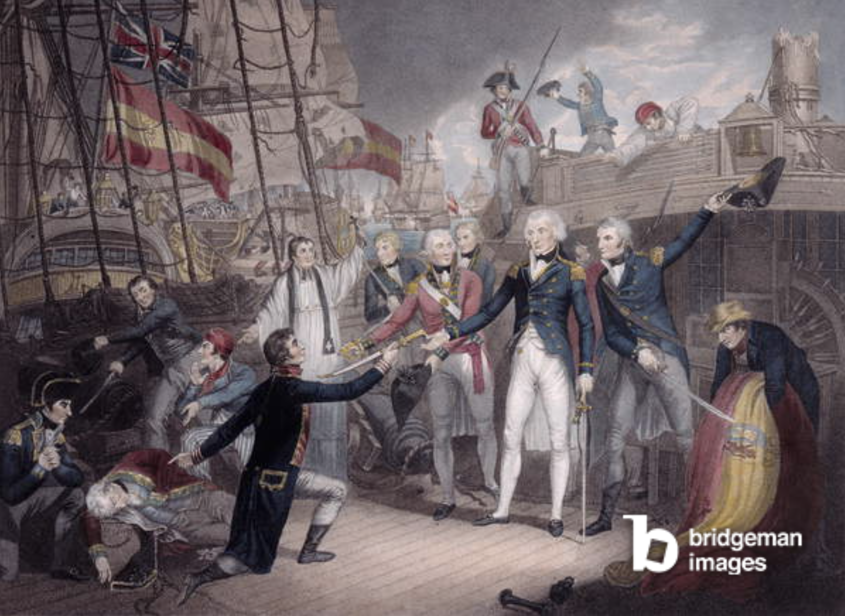 Admiral Nelson Receiving the Spanish Admiral's Sword, Battle of St. Vincent (coloured engraving), Daniel Orme, (1766-p.1832) (after) / National Museum of the Royal Navy, Portsmouth, Hampshire, UK / © National Museum of the Royal Navy / Bridgeman Images