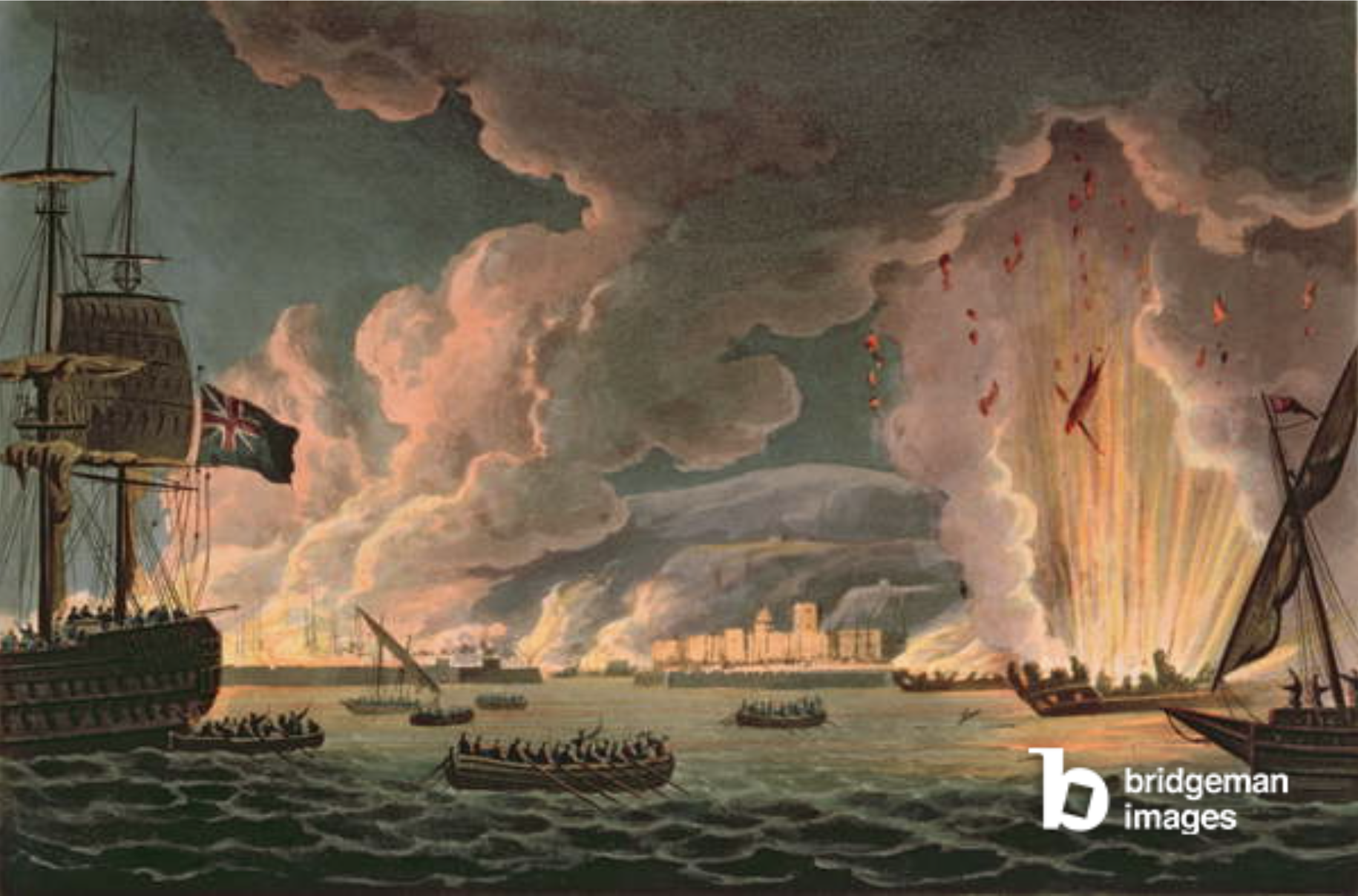 Destruction of the French Fleet at Toulon, 18th December 1793, engraved by Thomas Sutherland (b.1785) published in 1816 (coloured engraving) (see also 97232), Thomas Whitcombe, (c.1752-1824) (after) / National Museum of the Royal Navy, Portsmouth, Hampshire, UK / © National Museum of the Royal Navy / Bridgeman Images