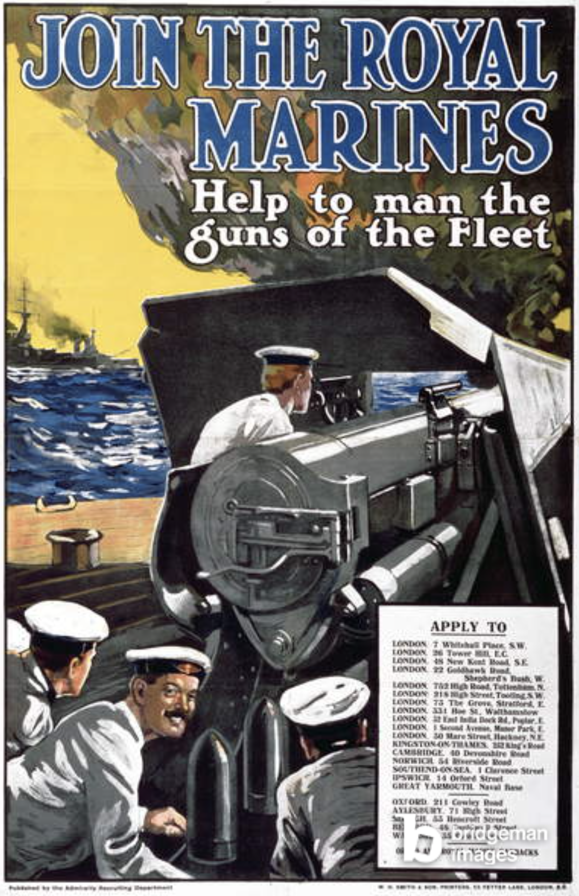 'Join the Royal Marines - Help to man the guns of the Fleet', World War I recruitment poster (colour litho), English School, (20th century) / National Museum of the Royal Navy, Portsmouth, Hampshire, UK / © National Museum of the Royal Navy / Bridgeman Images