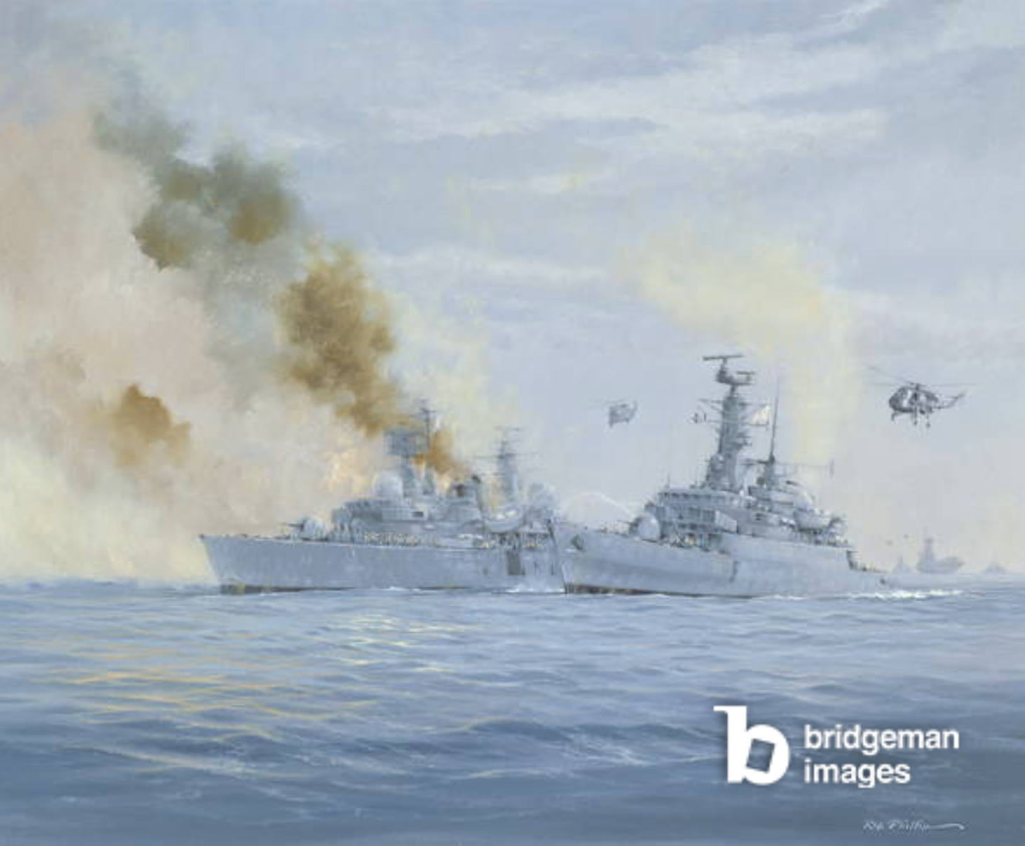 HMS Sheffield on fire, Falklands Islands Campaign (oil on canvas), English School, (20th century) / National Museum of the Royal Navy, Portsmouth, Hampshire, UK / © National Museum of the Royal Navy / Bridgeman Images
